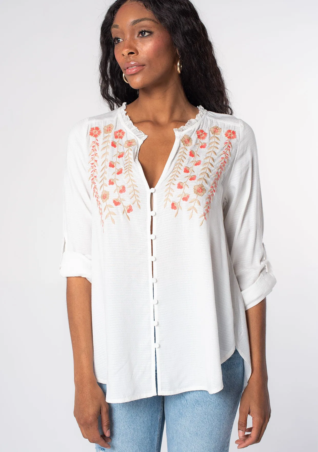 Floral Embroidered Roll Up Long Sleeve Top