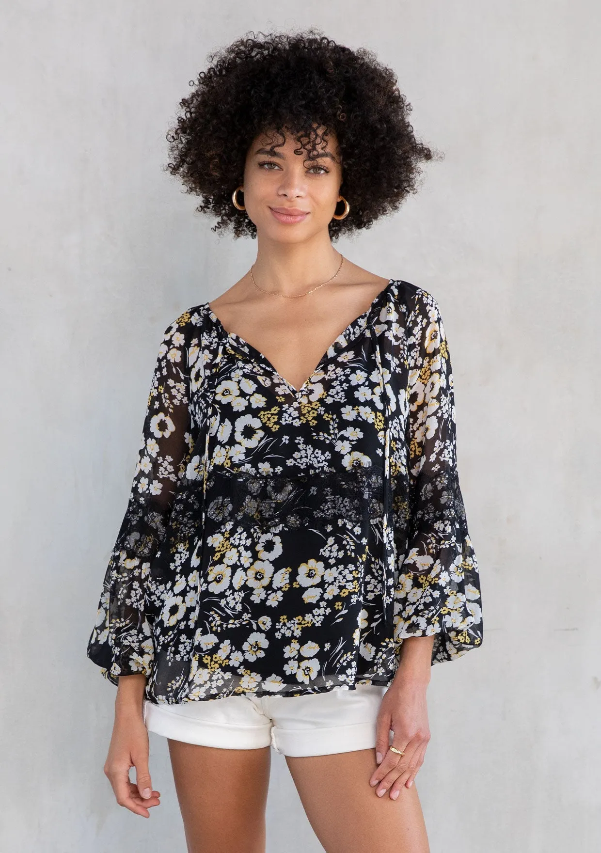 Floral Print Lace Detail Long Sleeve Sheer Blouse