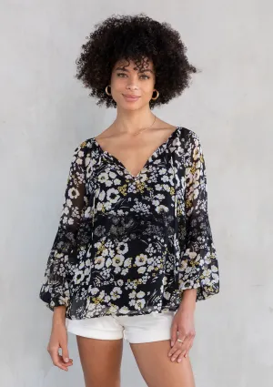 Floral Print Lace Detail Long Sleeve Sheer Blouse