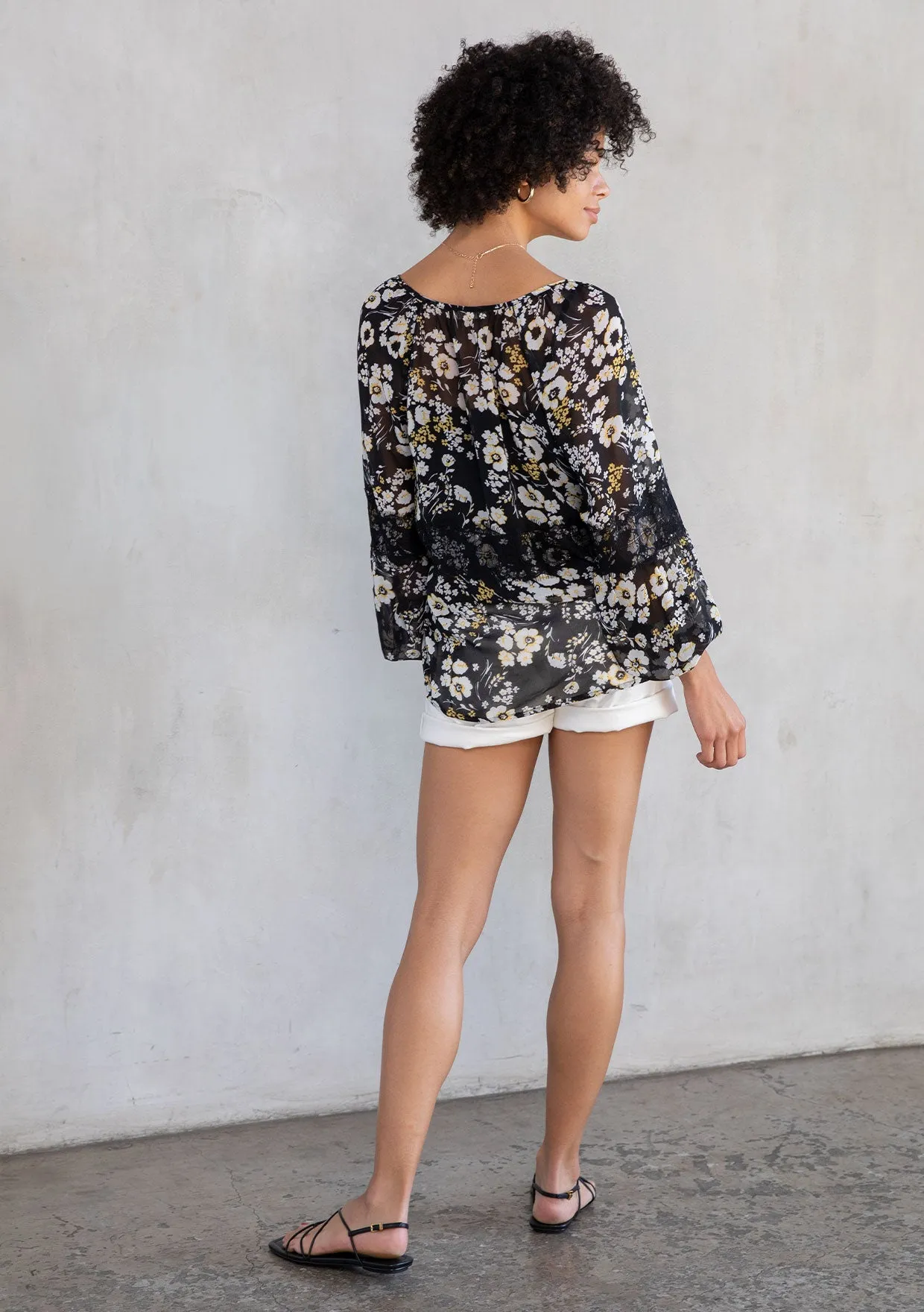 Floral Print Lace Detail Long Sleeve Sheer Blouse