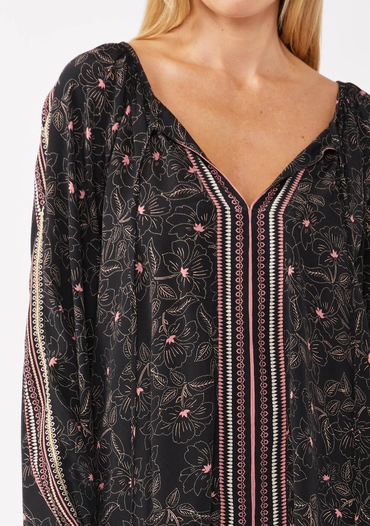 Floral Print Long Sleeve Tassel Tie Peasant Blouse