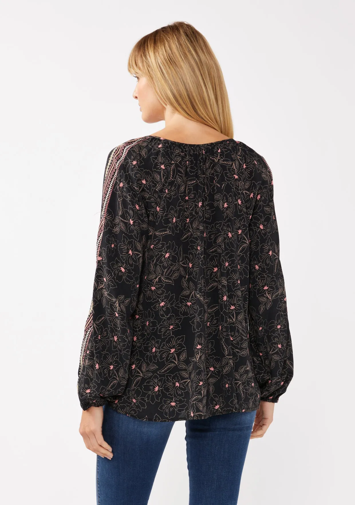 Floral Print Long Sleeve Tassel Tie Peasant Blouse