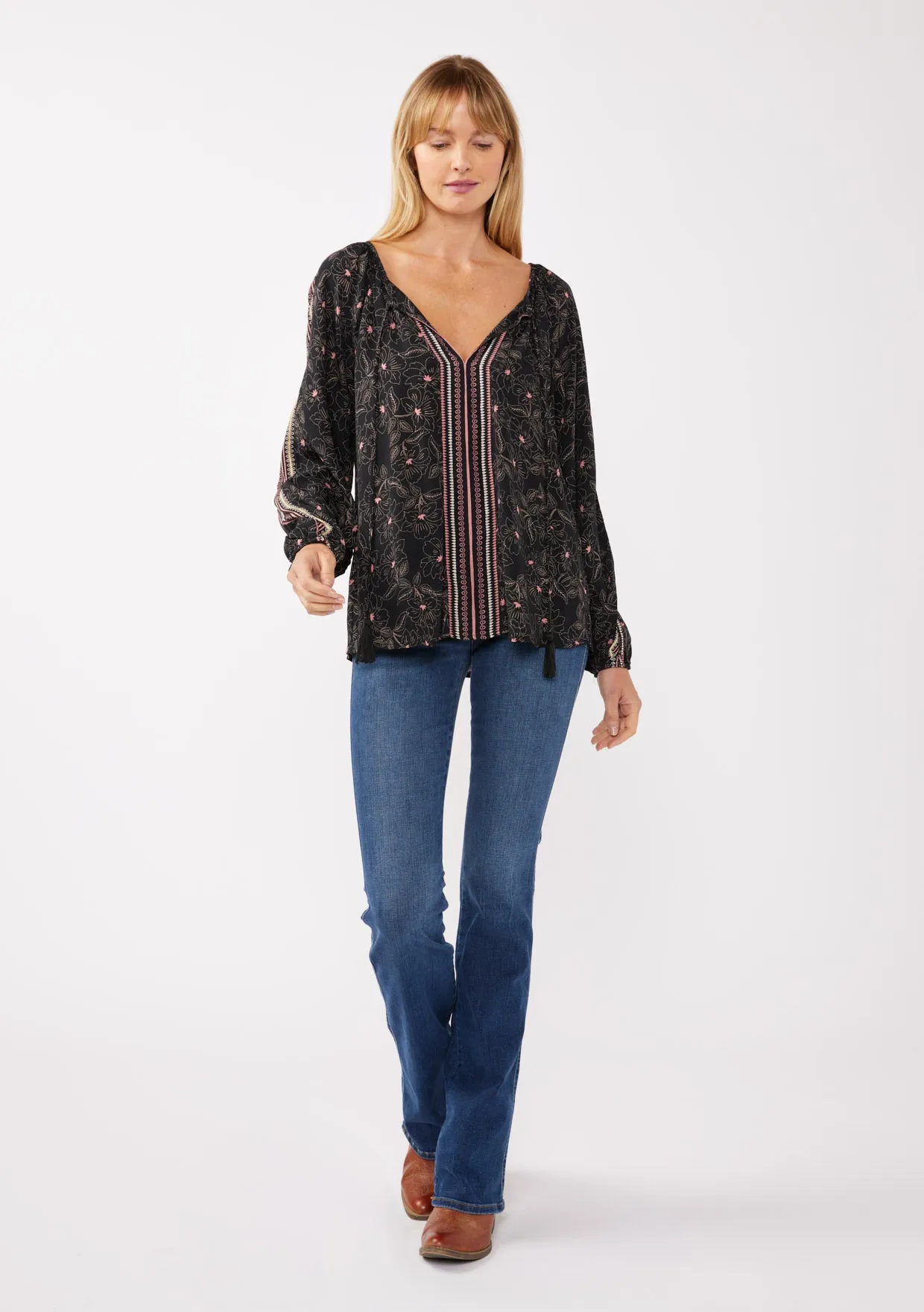 Floral Print Long Sleeve Tassel Tie Peasant Blouse