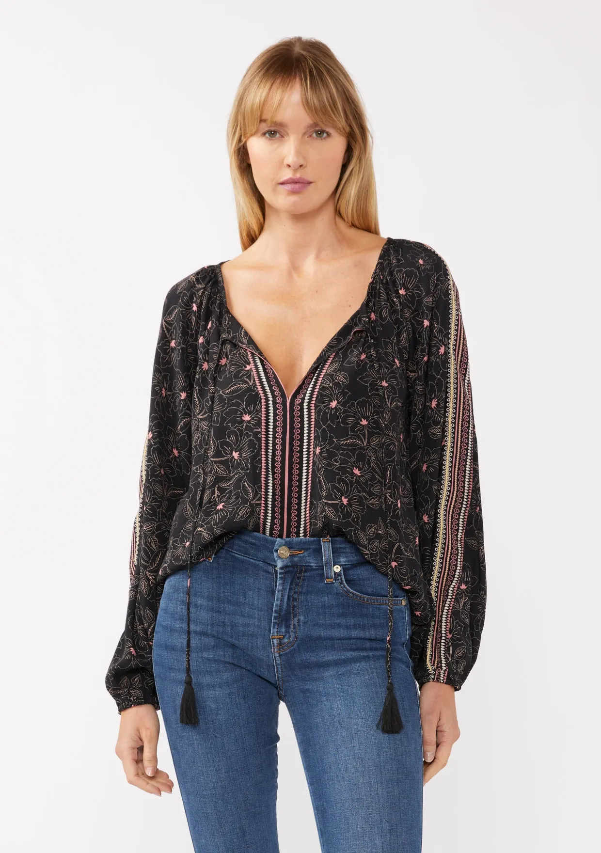 Floral Print Long Sleeve Tassel Tie Peasant Blouse