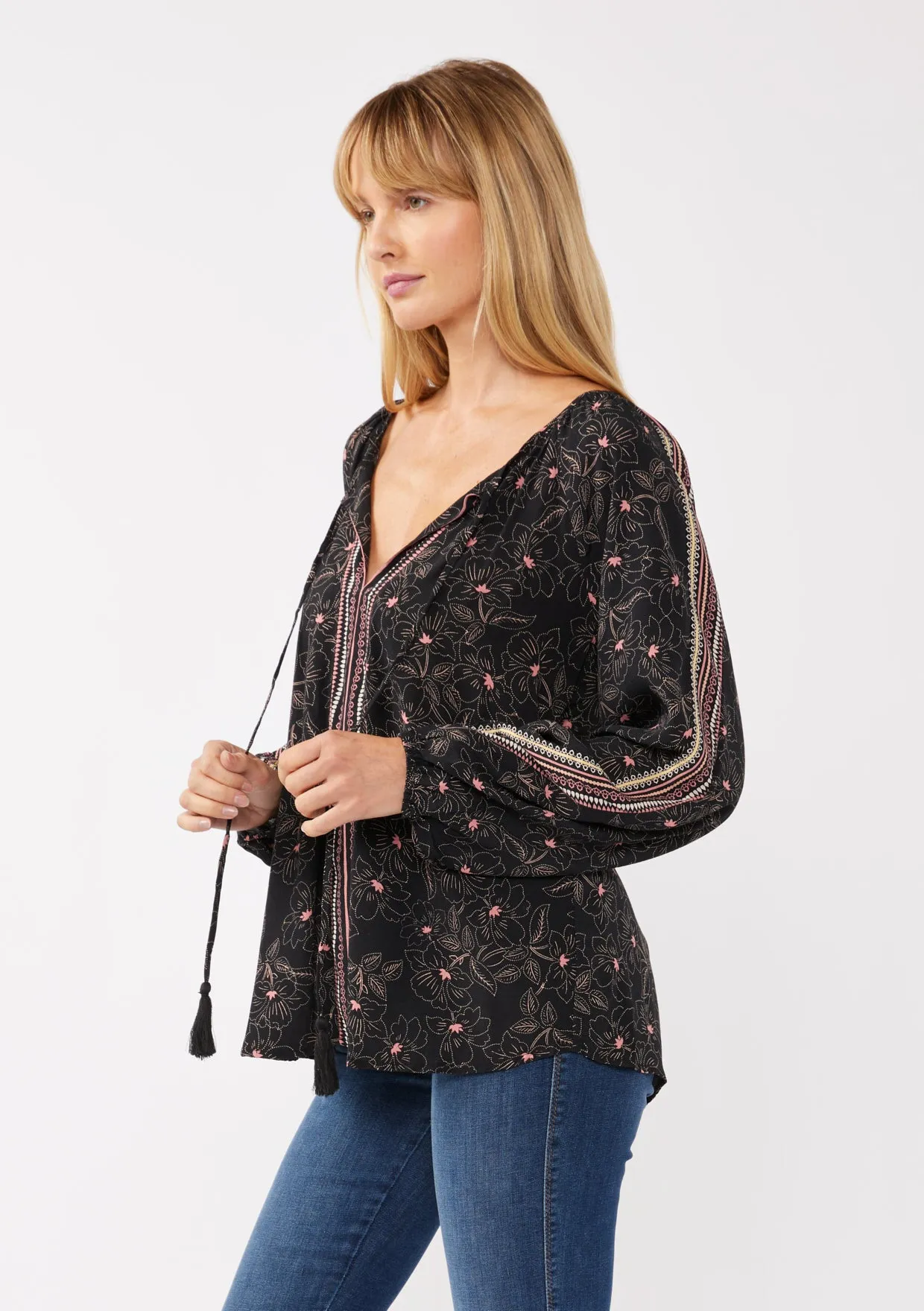 Floral Print Long Sleeve Tassel Tie Peasant Blouse