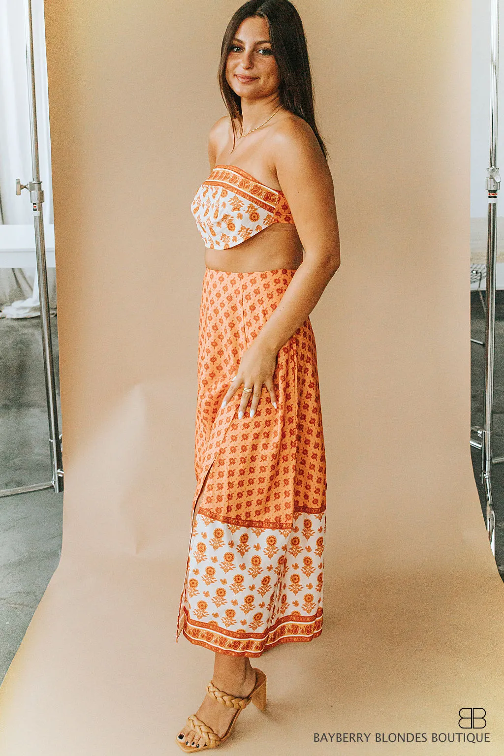 Floral Print Scarf Top W/ Maxi Skirt-Cream/Burnt Orange