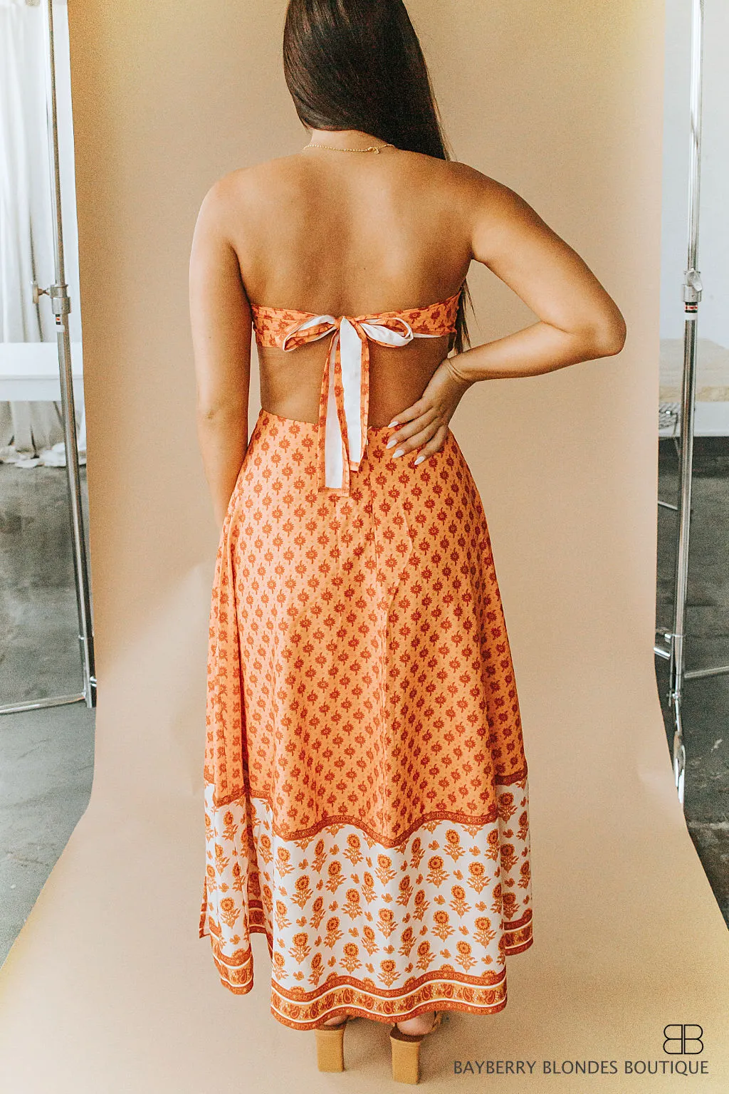 Floral Print Scarf Top W/ Maxi Skirt-Cream/Burnt Orange
