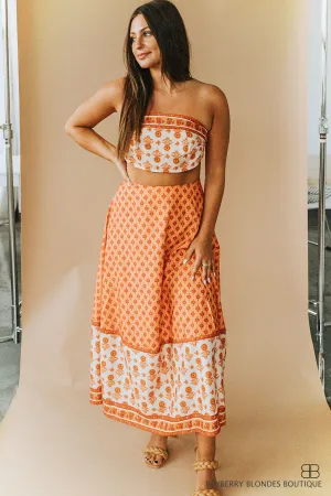 Floral Print Scarf Top W/ Maxi Skirt-Cream/Burnt Orange