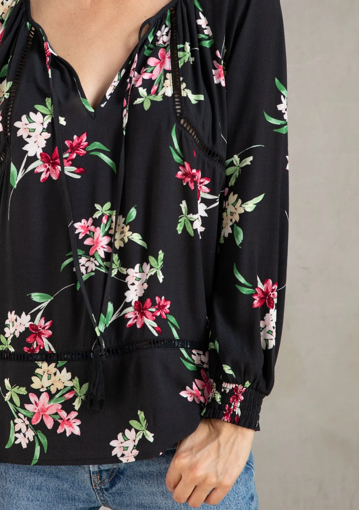 Floral Print Tassel Tie Long Sleeve Boho Blouse