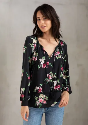 Floral Print Tassel Tie Long Sleeve Boho Blouse