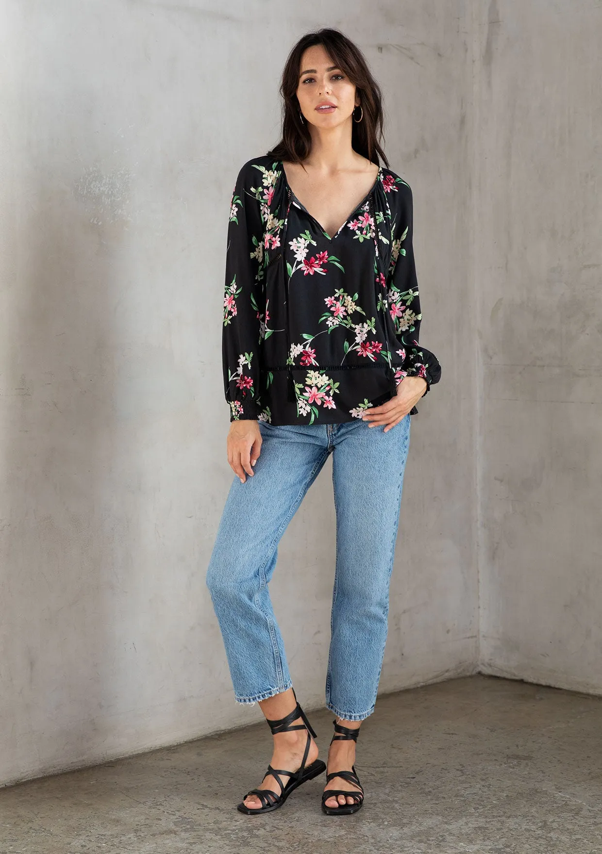 Floral Print Tassel Tie Long Sleeve Boho Blouse