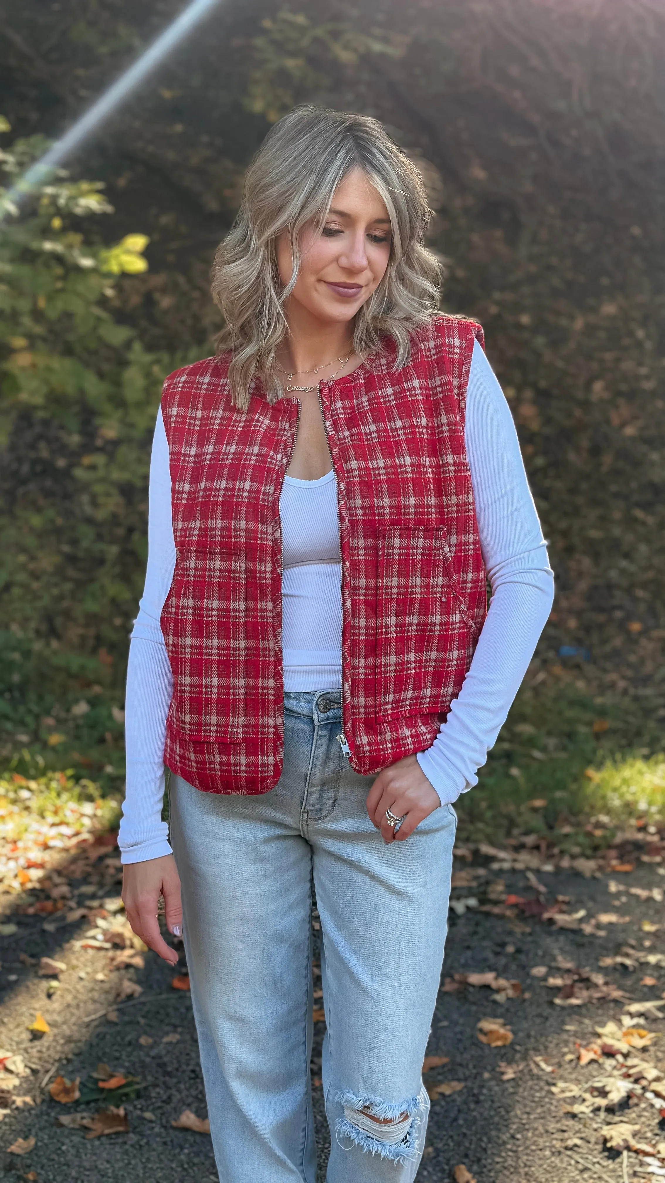 Frosty Red Plaid Vest