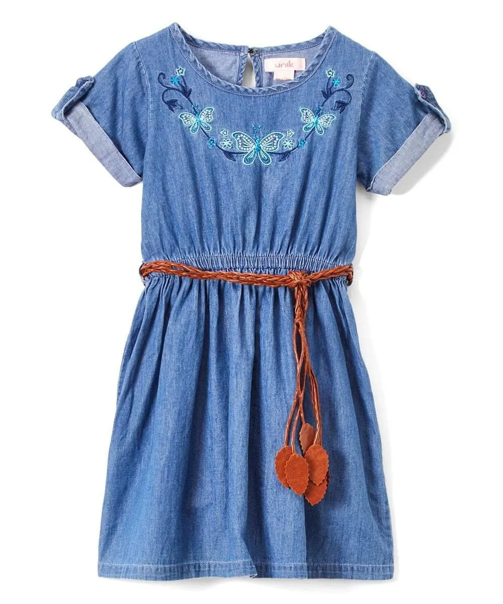 Girl Blue Chambray Dress with Brown Leather Belt 2-4