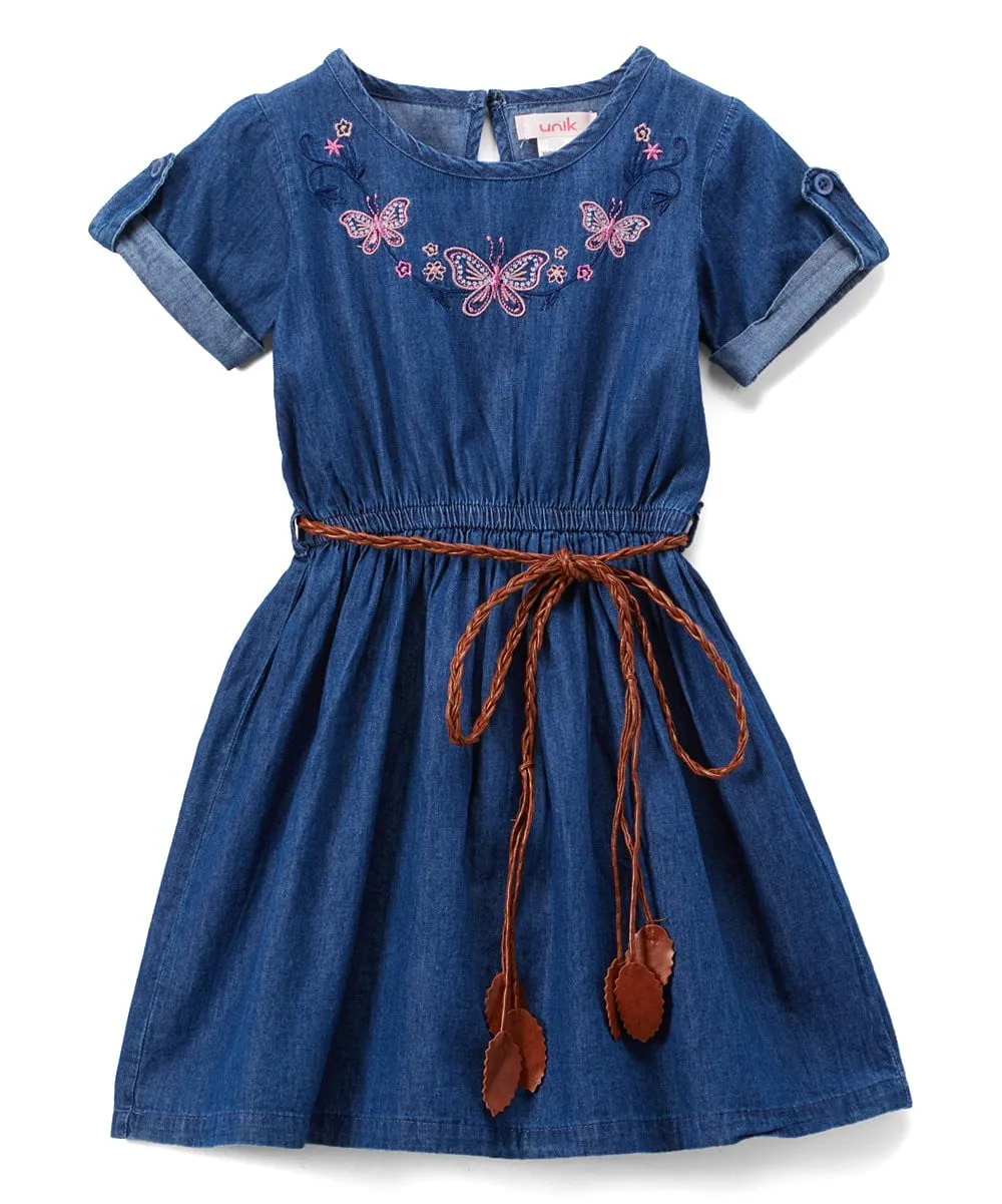 Girl Blue Chambray Dress with Brown Leather Belt 2-4