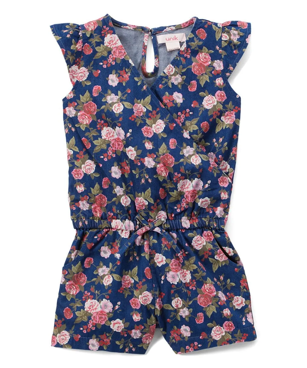 Girl Denim Romper with Flowers 2-8