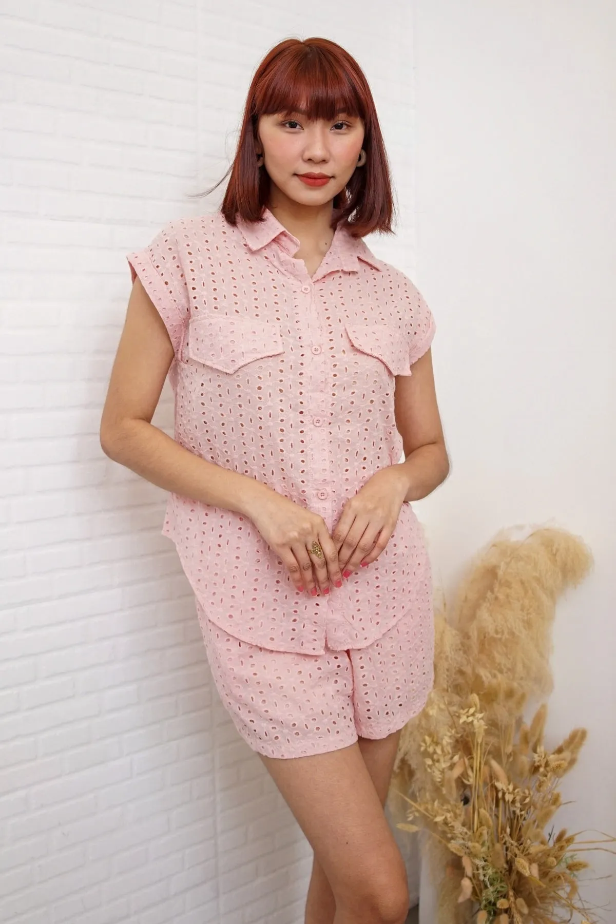 GRACIE Sleeveless Eyelet Top and Shorts Co-ord (Blush Pink)