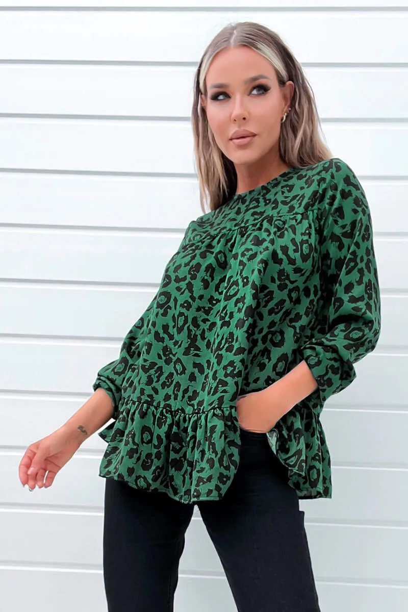 Green And Black Animal Print Long Sleeve Smock Top