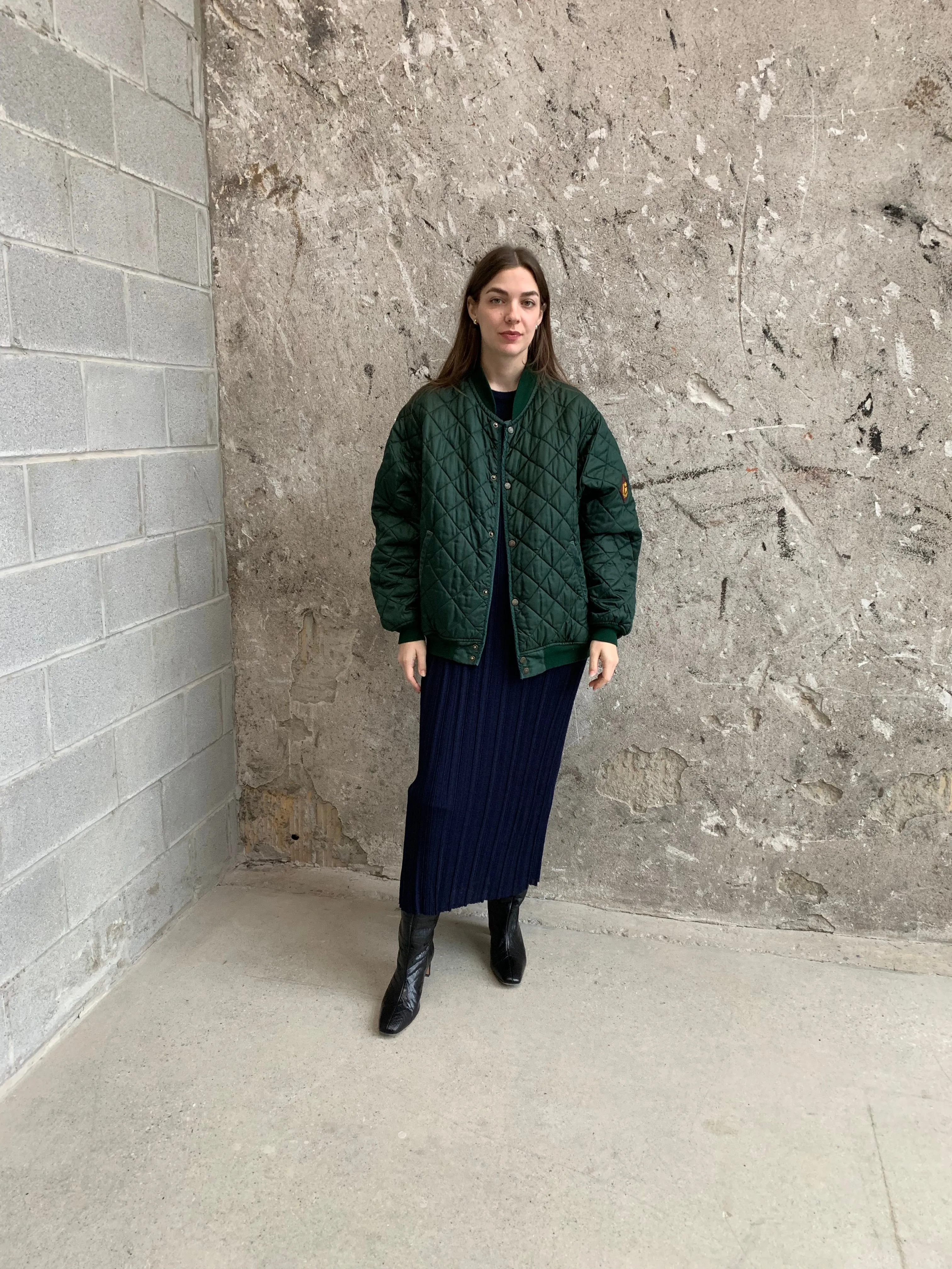 green quilted bomber jacket