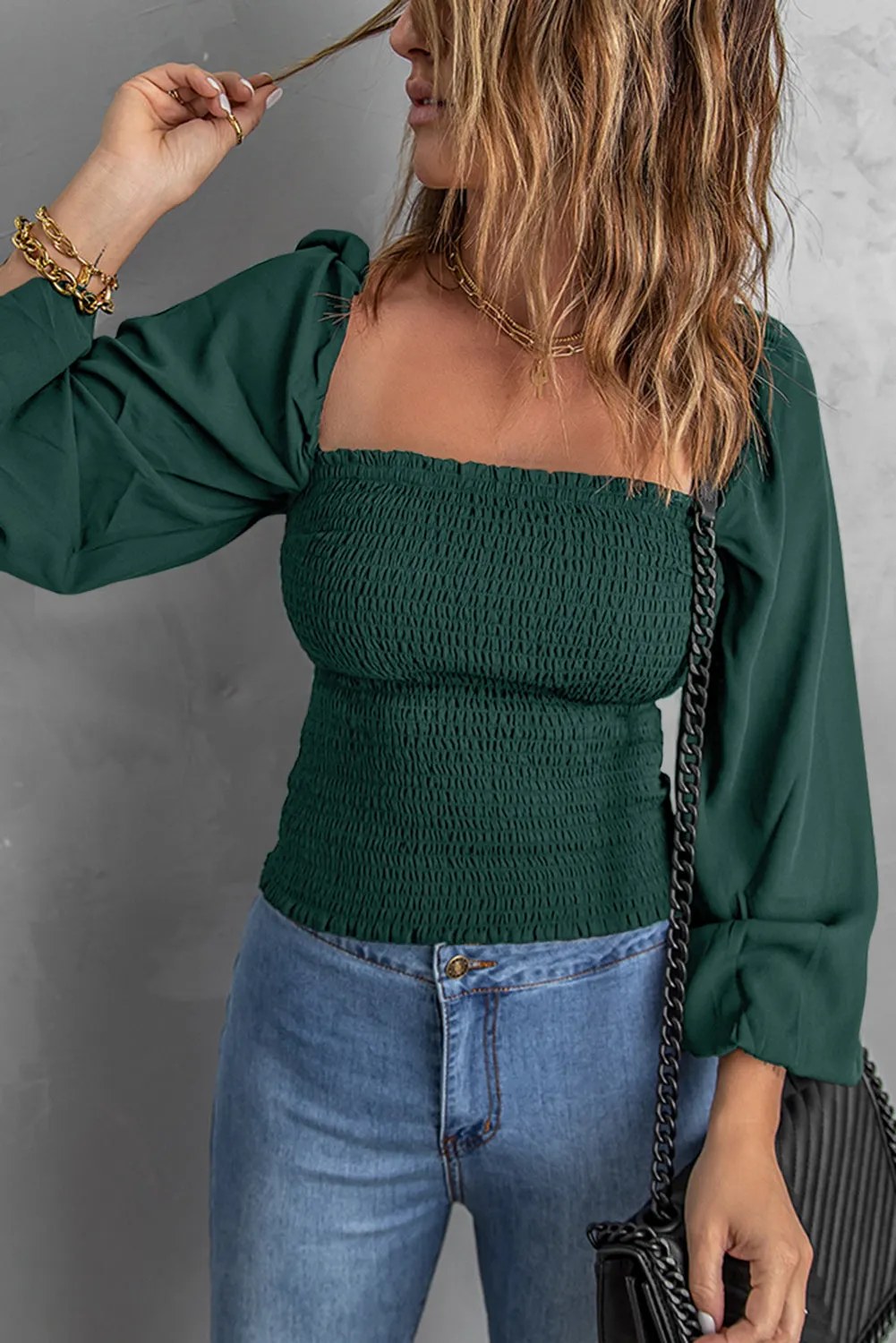 Green Square Neck Smocked Top