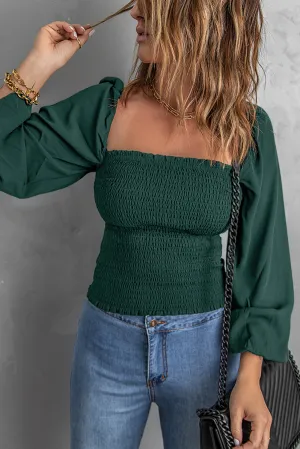 Green Square Neck Smocked Top