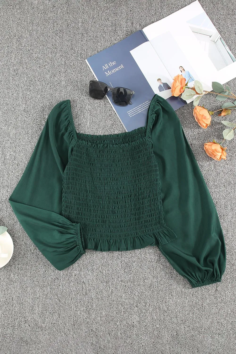Green Square Neck Smocked Top