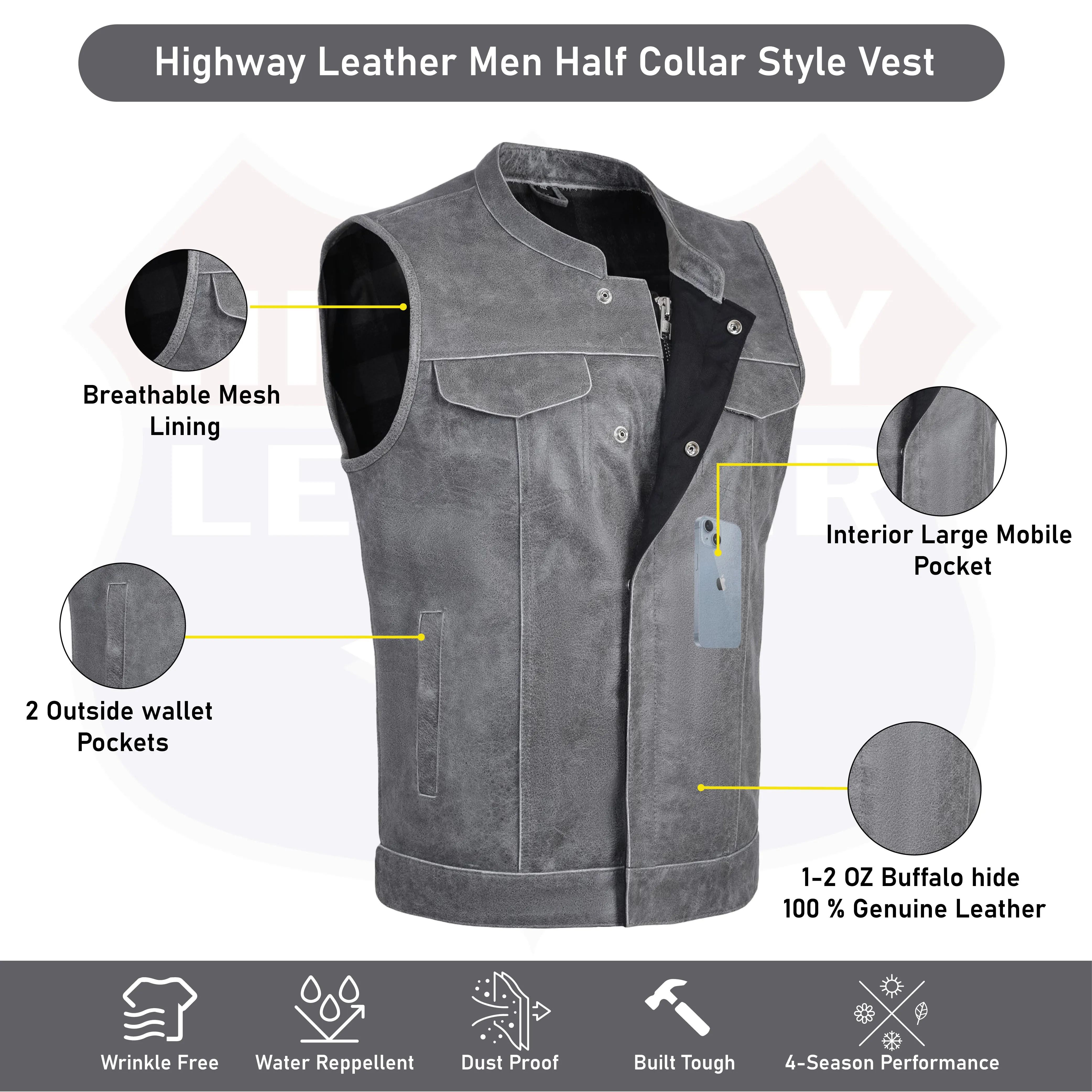 GREY HL11689 Grey SOA Men's Leather Vest Anarchy Motorcycle Biker Club Concealed Carry Outlaws