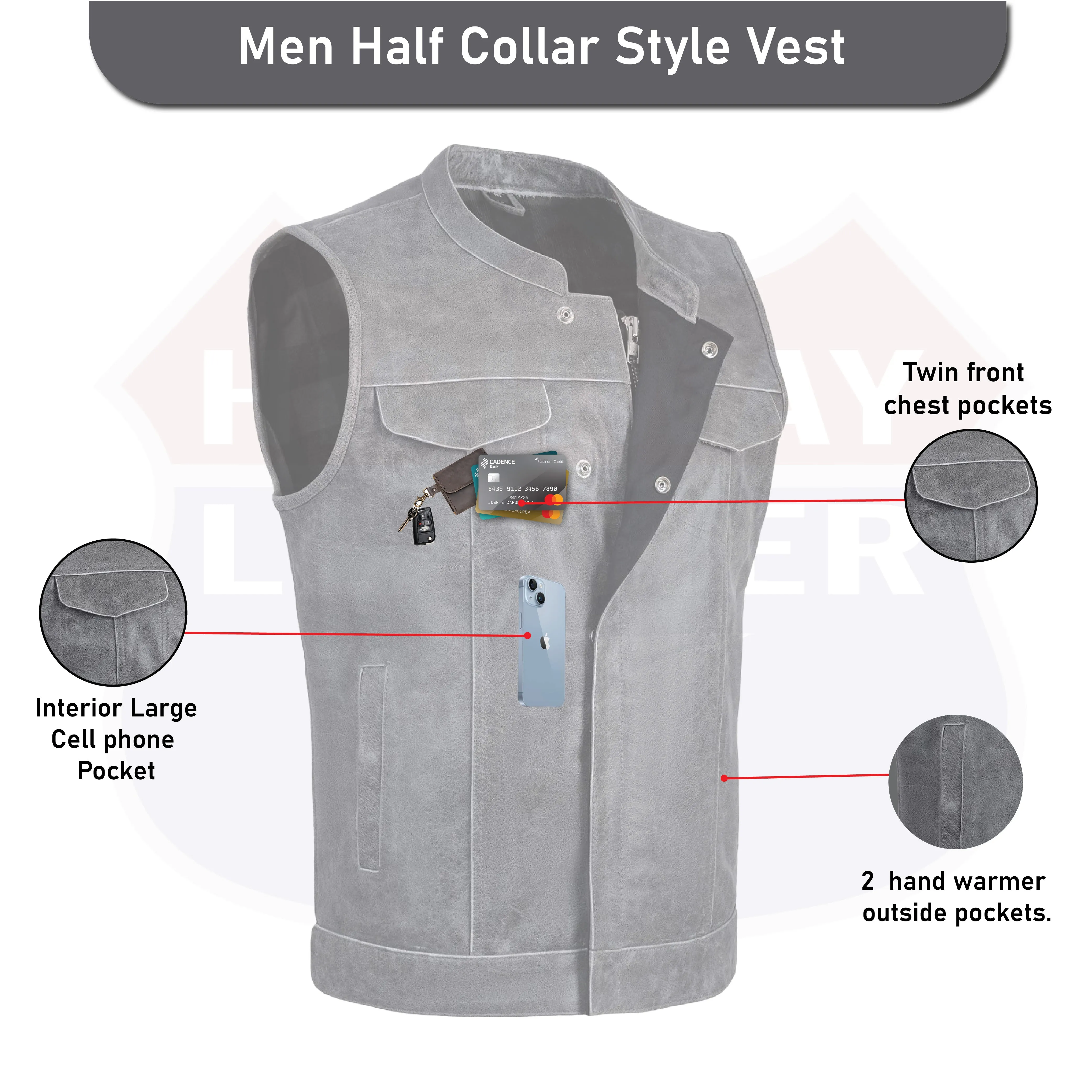 GREY HL11689 Grey SOA Men's Leather Vest Anarchy Motorcycle Biker Club Concealed Carry Outlaws