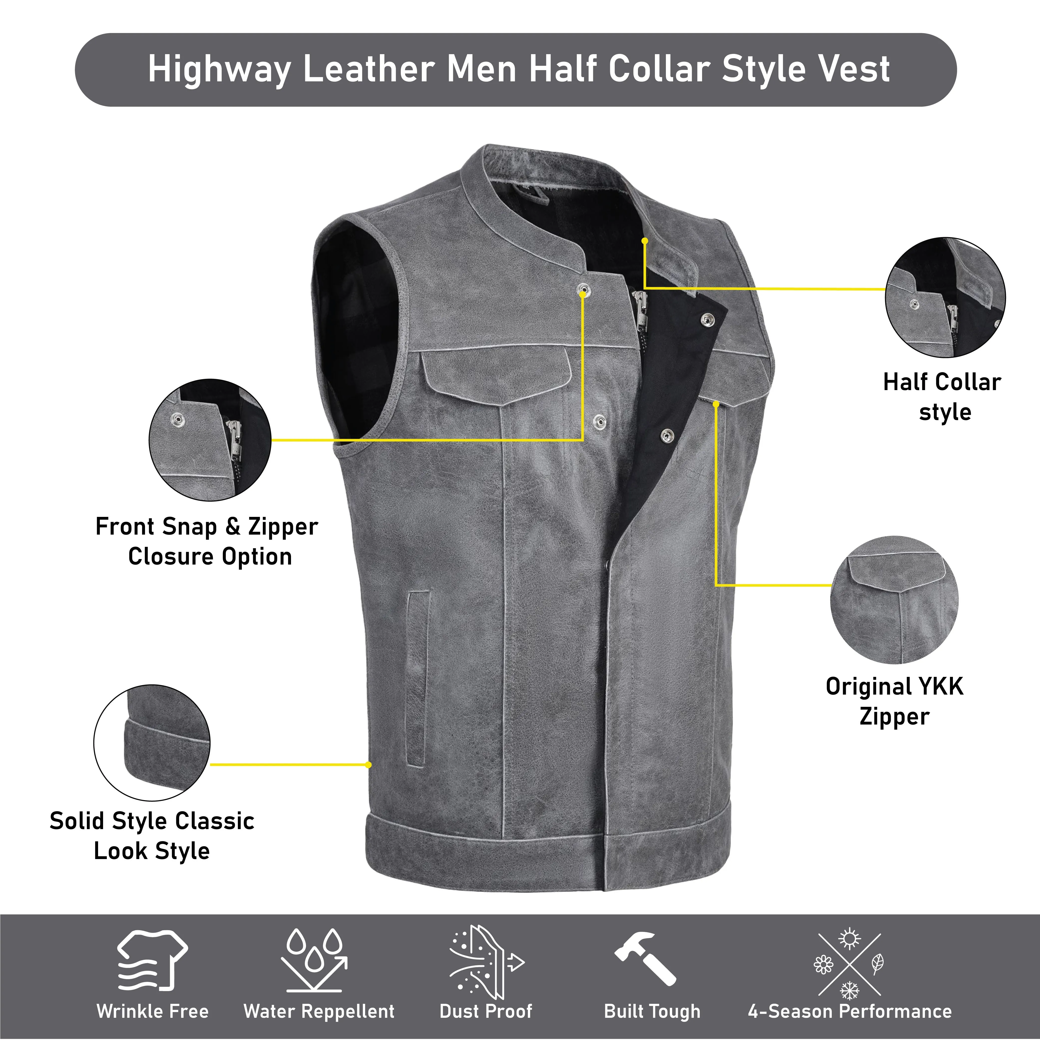 GREY HL11689 Grey SOA Men's Leather Vest Anarchy Motorcycle Biker Club Concealed Carry Outlaws