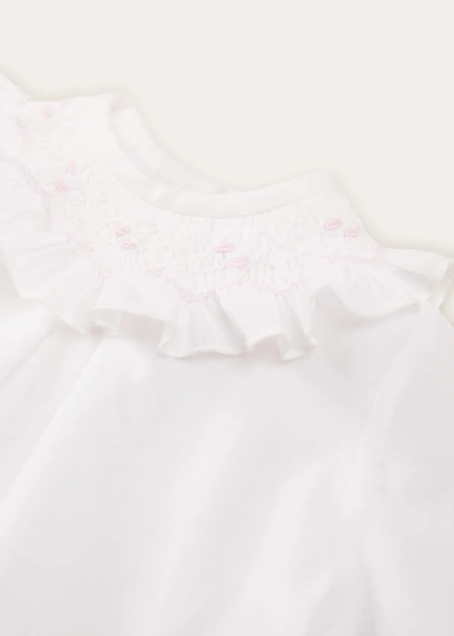 Hand Smocked Collar Long Sleeve Blouse In Baby Pink (0-12mths)