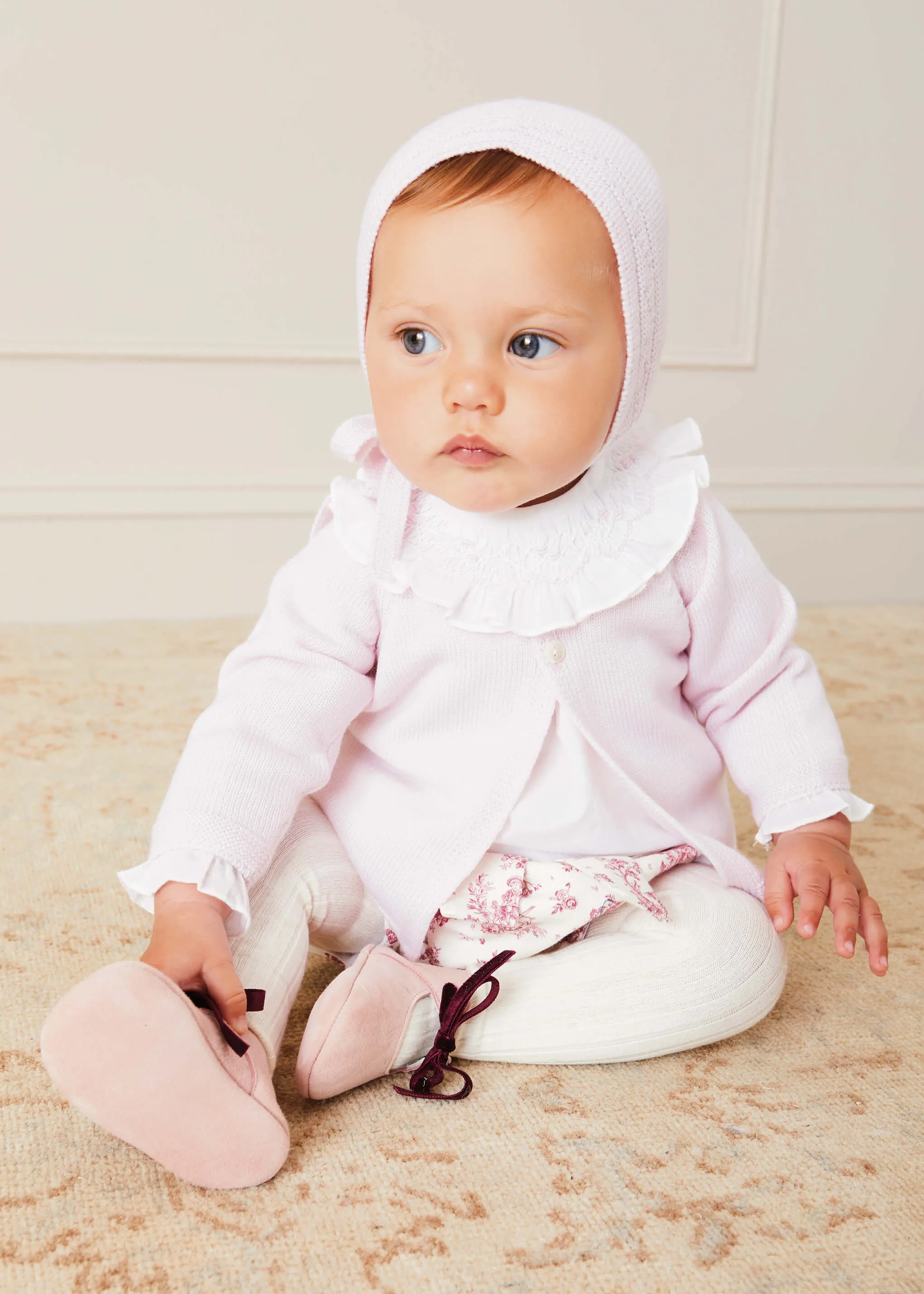 Hand Smocked Collar Long Sleeve Blouse In Baby Pink (0-12mths)