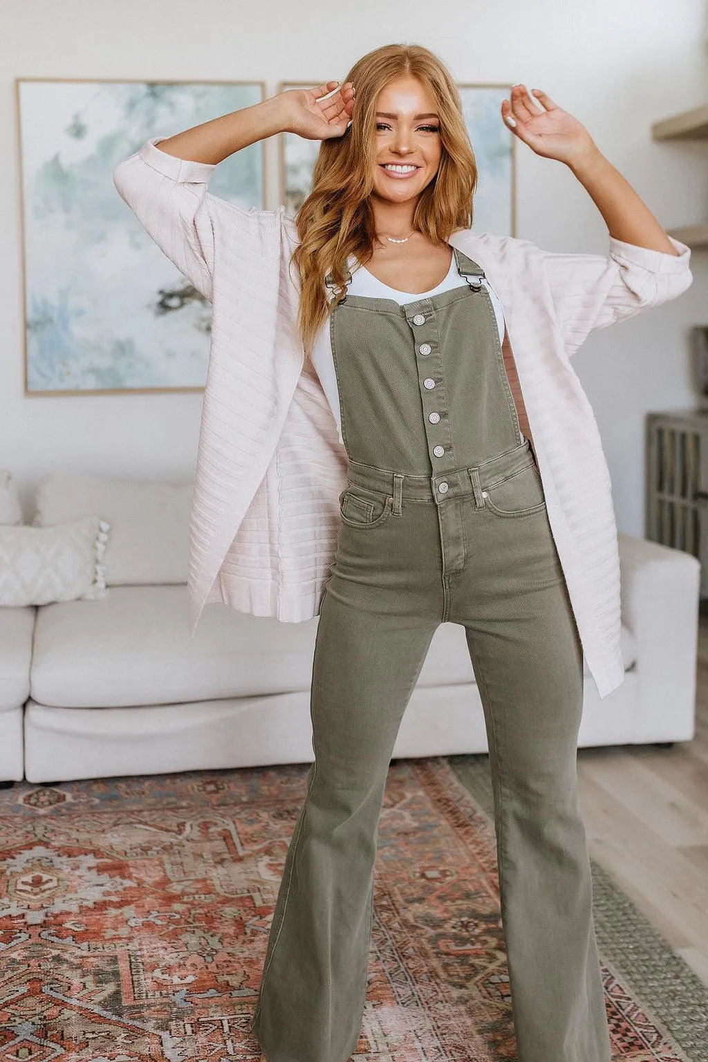 Hazel Blues® |  Olivia Control Top Release Hem Overalls in Olive