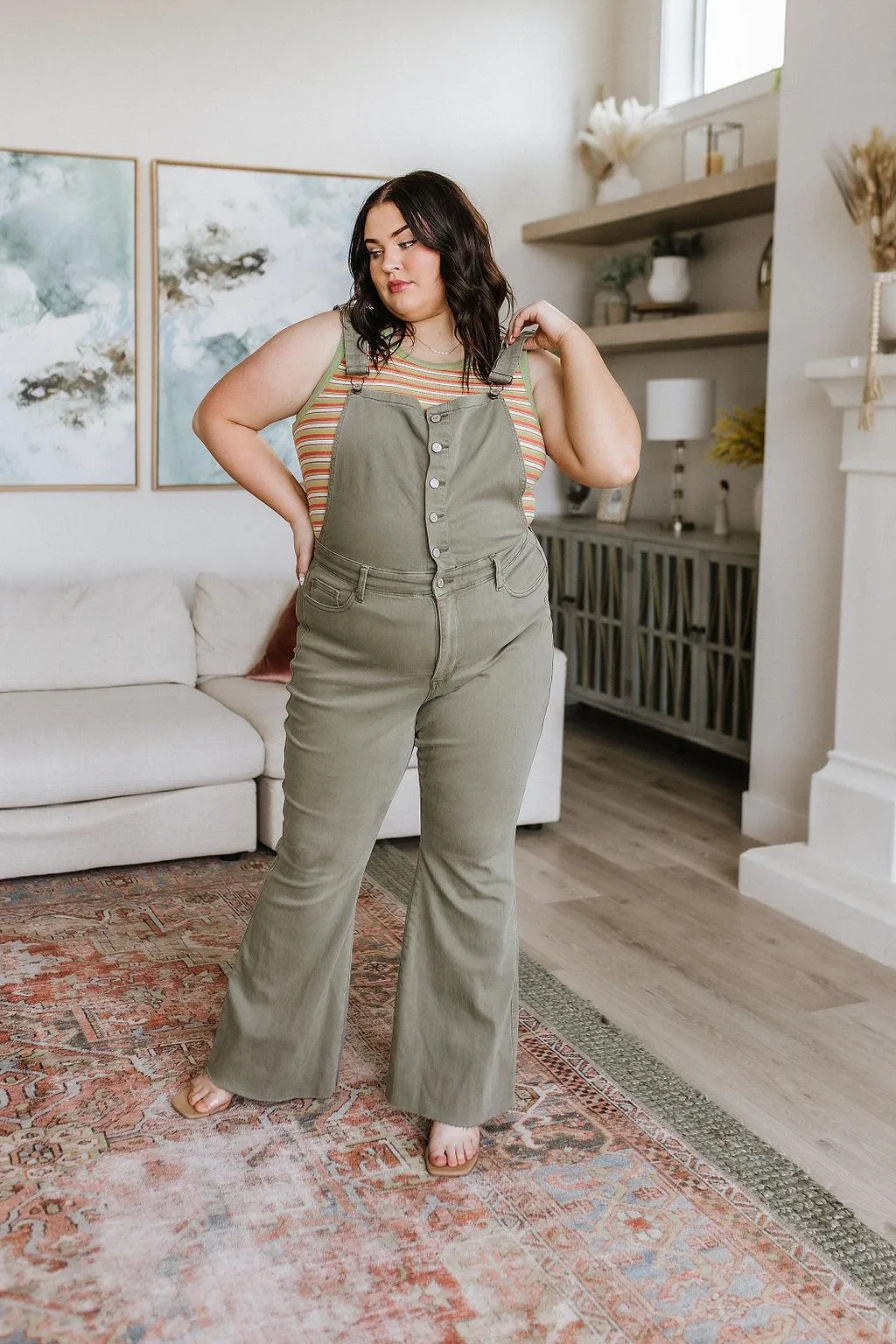 Hazel Blues® |  Olivia Control Top Release Hem Overalls in Olive