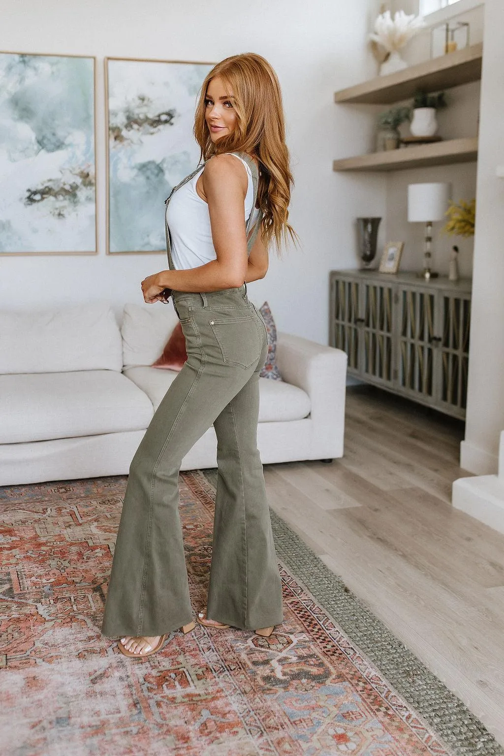 Hazel Blues® |  Olivia Control Top Release Hem Overalls in Olive