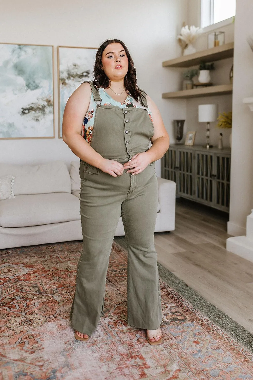 Hazel Blues® |  Olivia Control Top Release Hem Overalls in Olive