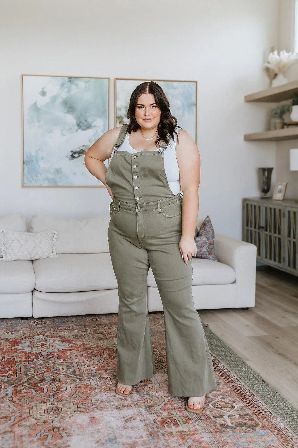 Hazel Blues® |  Olivia Control Top Release Hem Overalls in Olive
