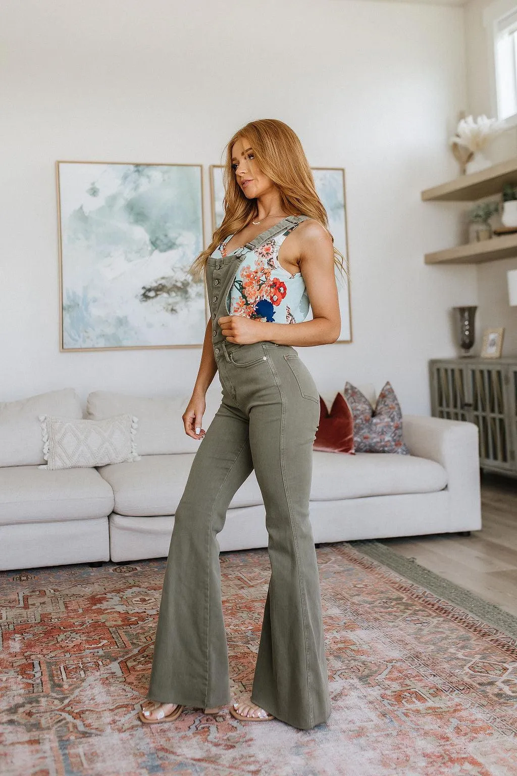 Hazel Blues® |  Olivia Control Top Release Hem Overalls in Olive