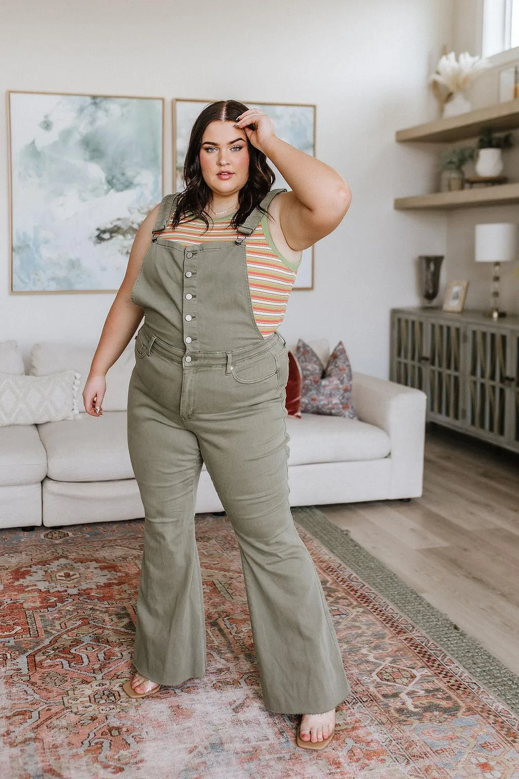 Hazel Blues® |  Olivia Control Top Release Hem Overalls in Olive