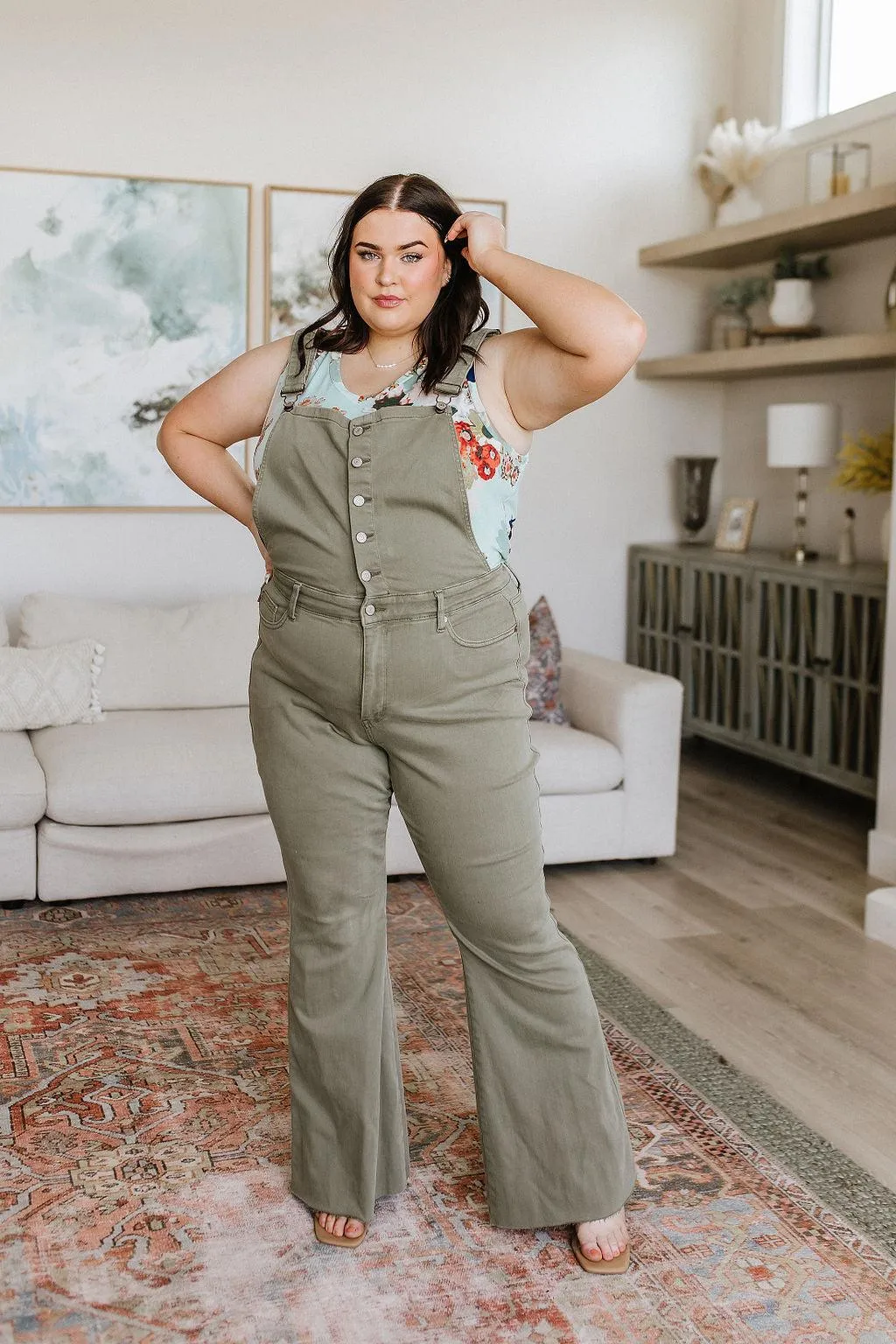 Hazel Blues® |  Olivia Control Top Release Hem Overalls in Olive