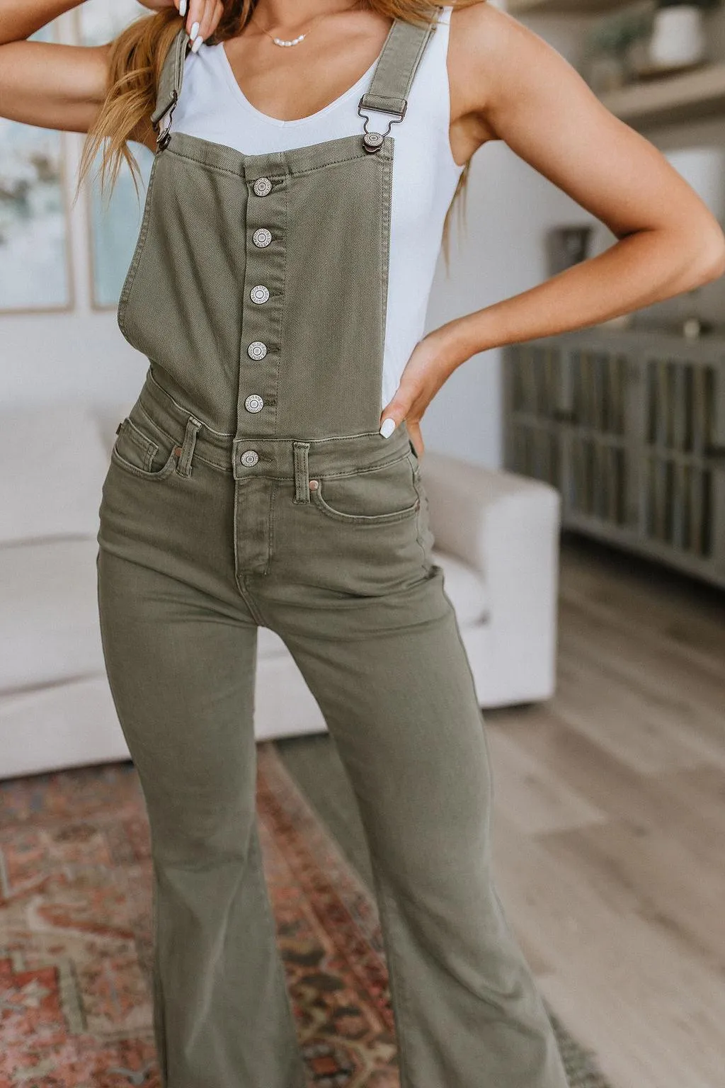 Hazel Blues® |  Olivia Control Top Release Hem Overalls in Olive