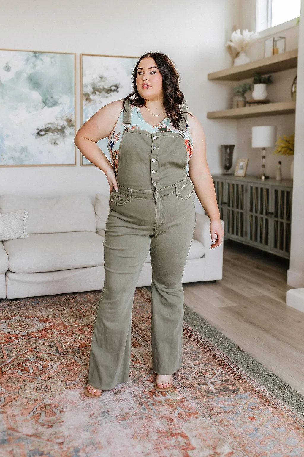 Hazel Blues® |  Olivia Control Top Release Hem Overalls in Olive