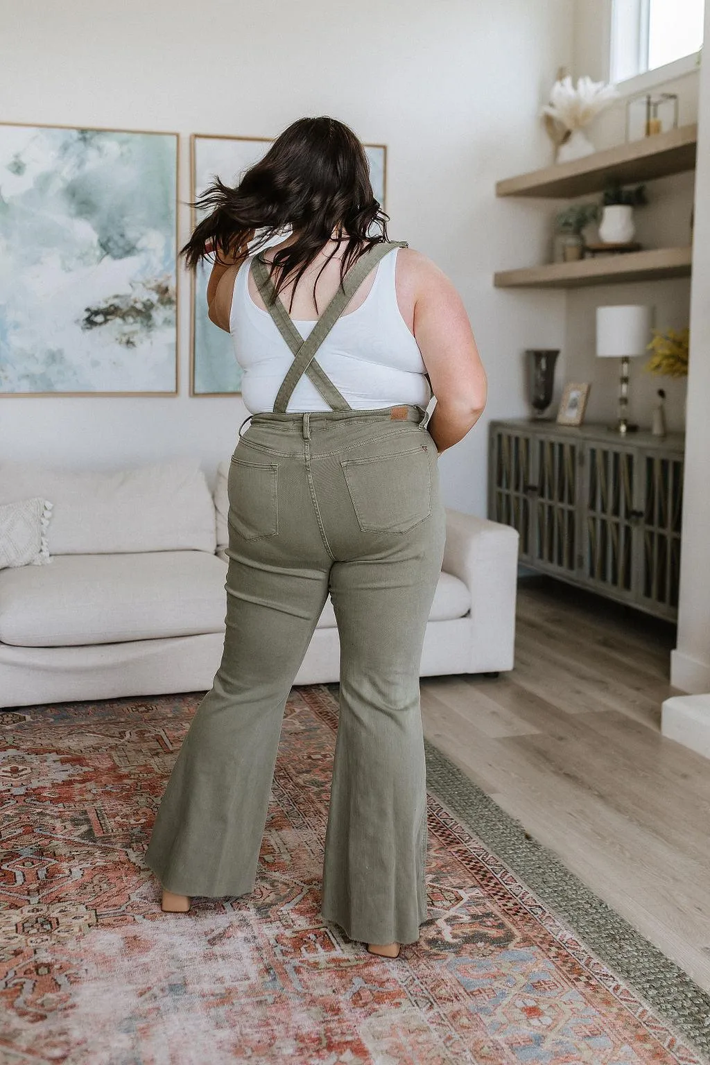 Hazel Blues® |  Olivia Control Top Release Hem Overalls in Olive