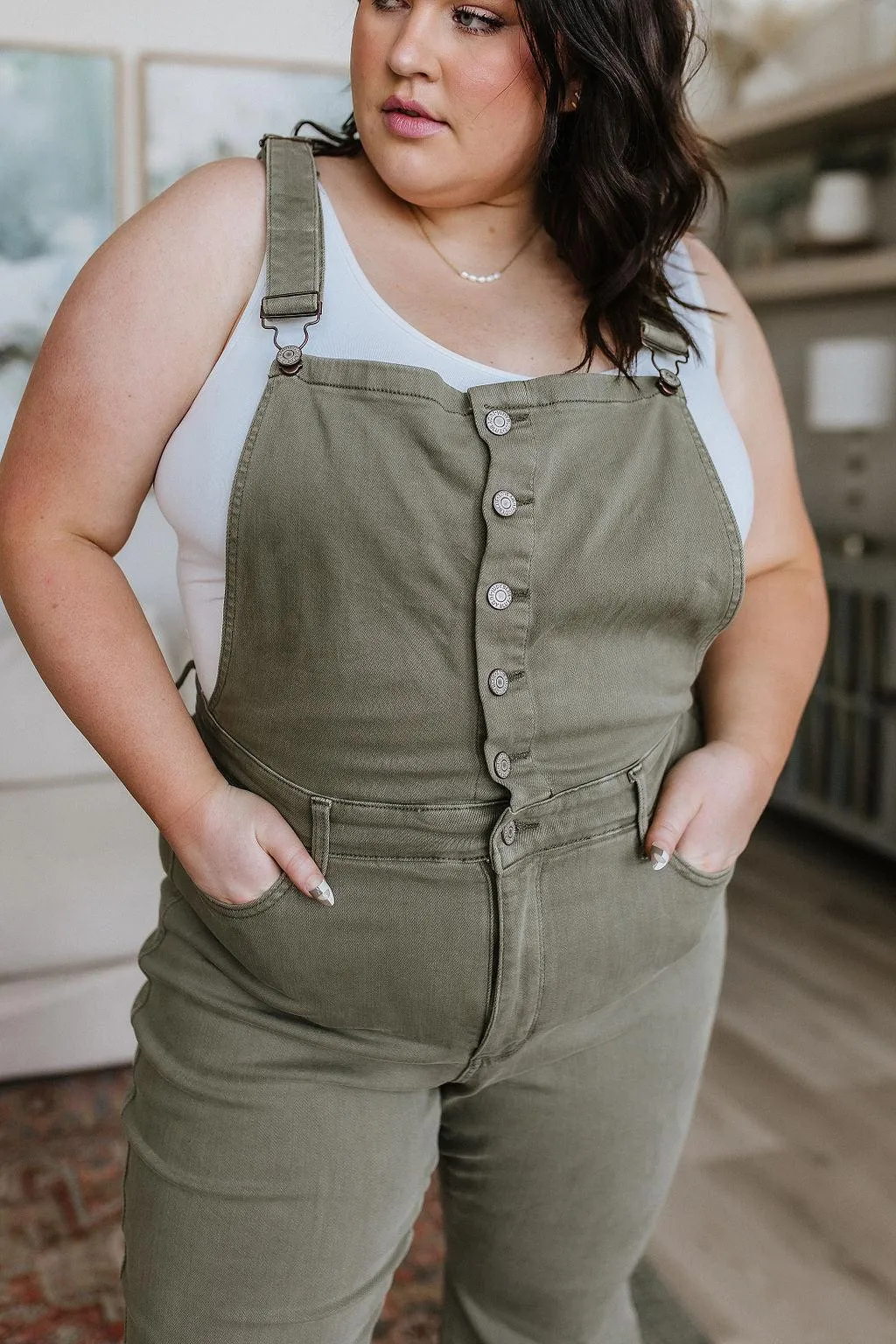 Hazel Blues® |  Olivia Control Top Release Hem Overalls in Olive