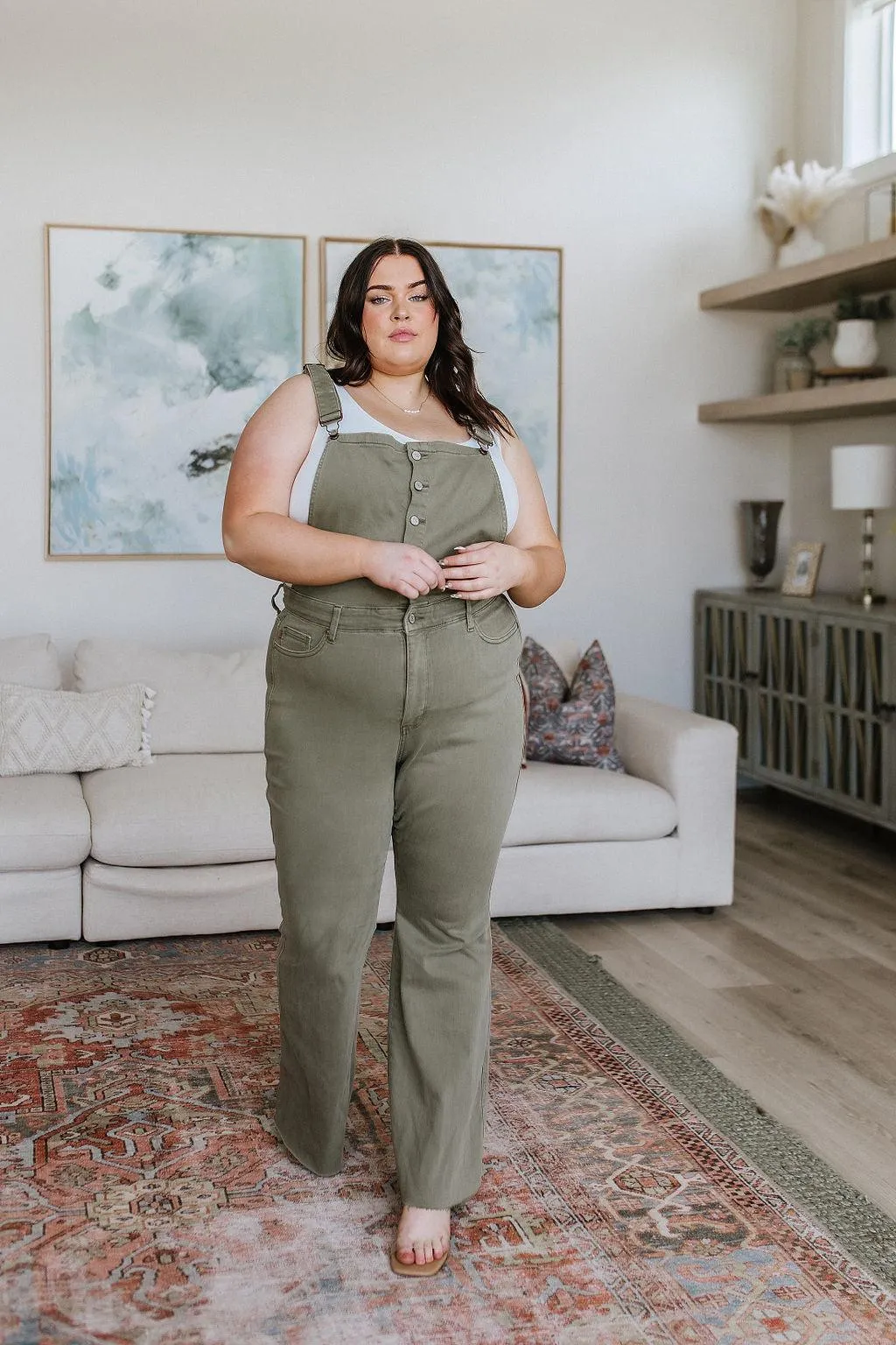 Hazel Blues® |  Olivia Control Top Release Hem Overalls in Olive