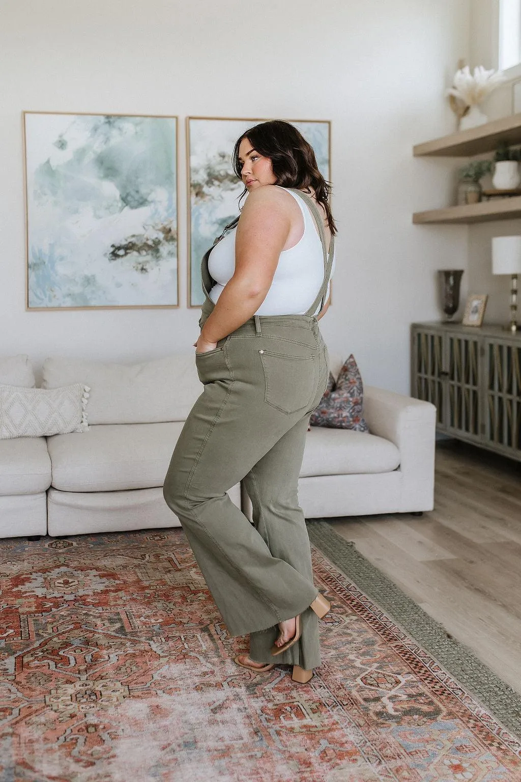 Hazel Blues® |  Olivia Control Top Release Hem Overalls in Olive