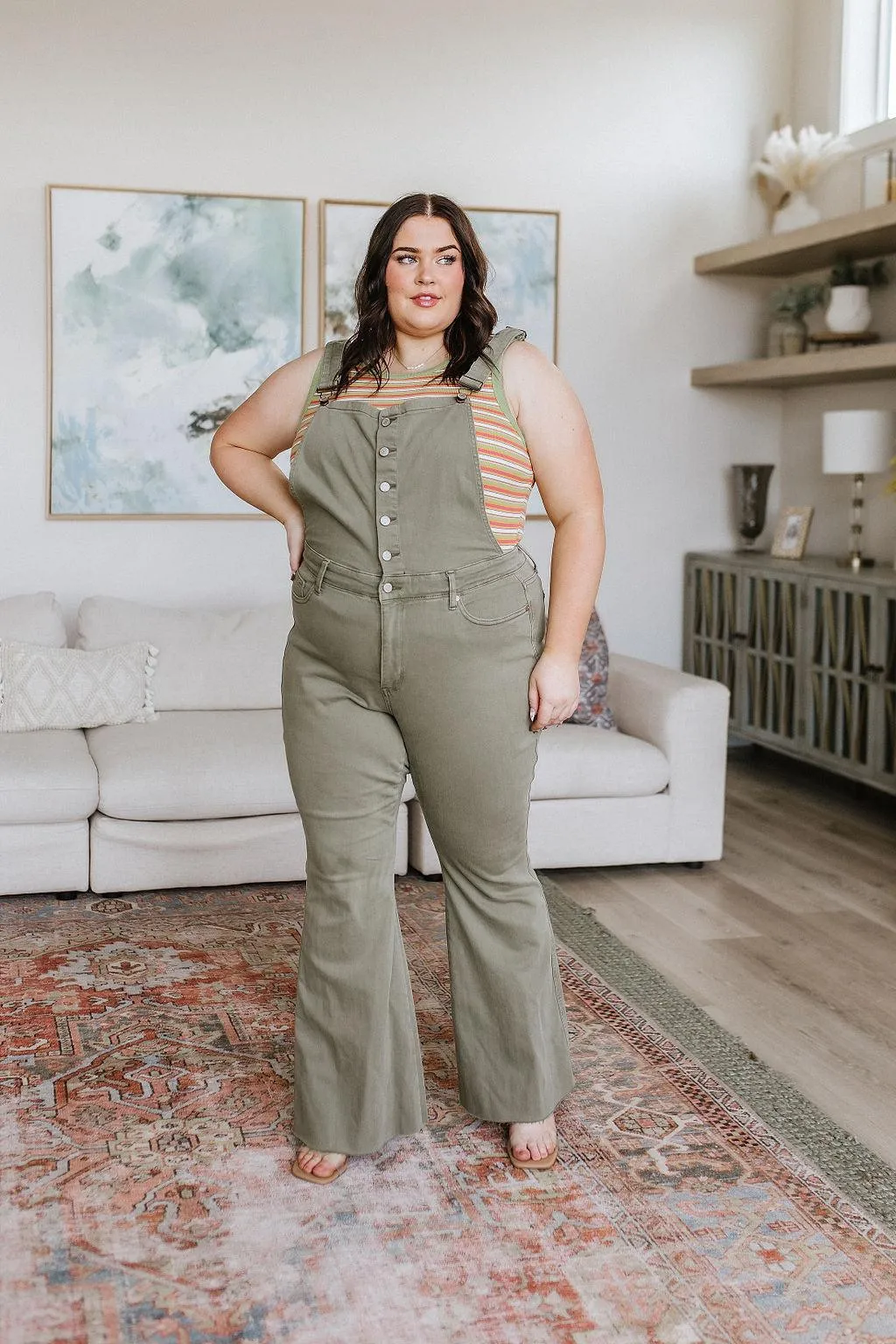 Hazel Blues® |  Olivia Control Top Release Hem Overalls in Olive