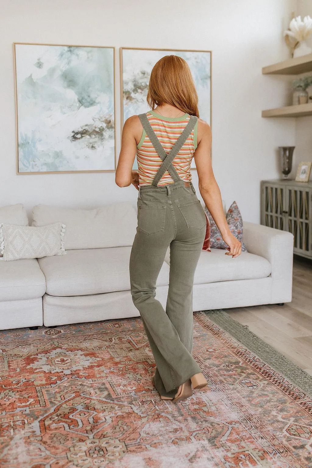 Hazel Blues® |  Olivia Control Top Release Hem Overalls in Olive