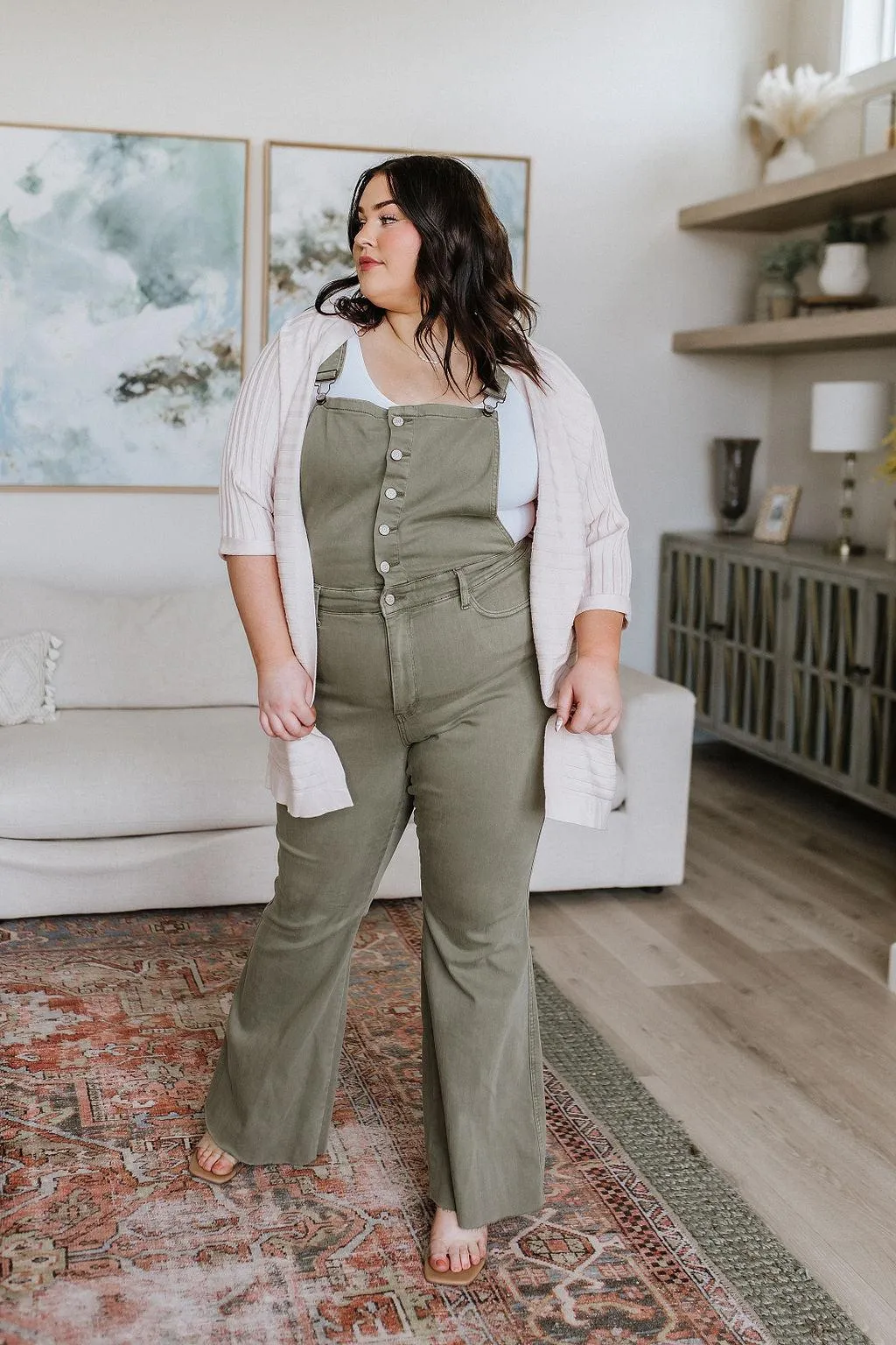 Hazel Blues® |  Olivia Control Top Release Hem Overalls in Olive