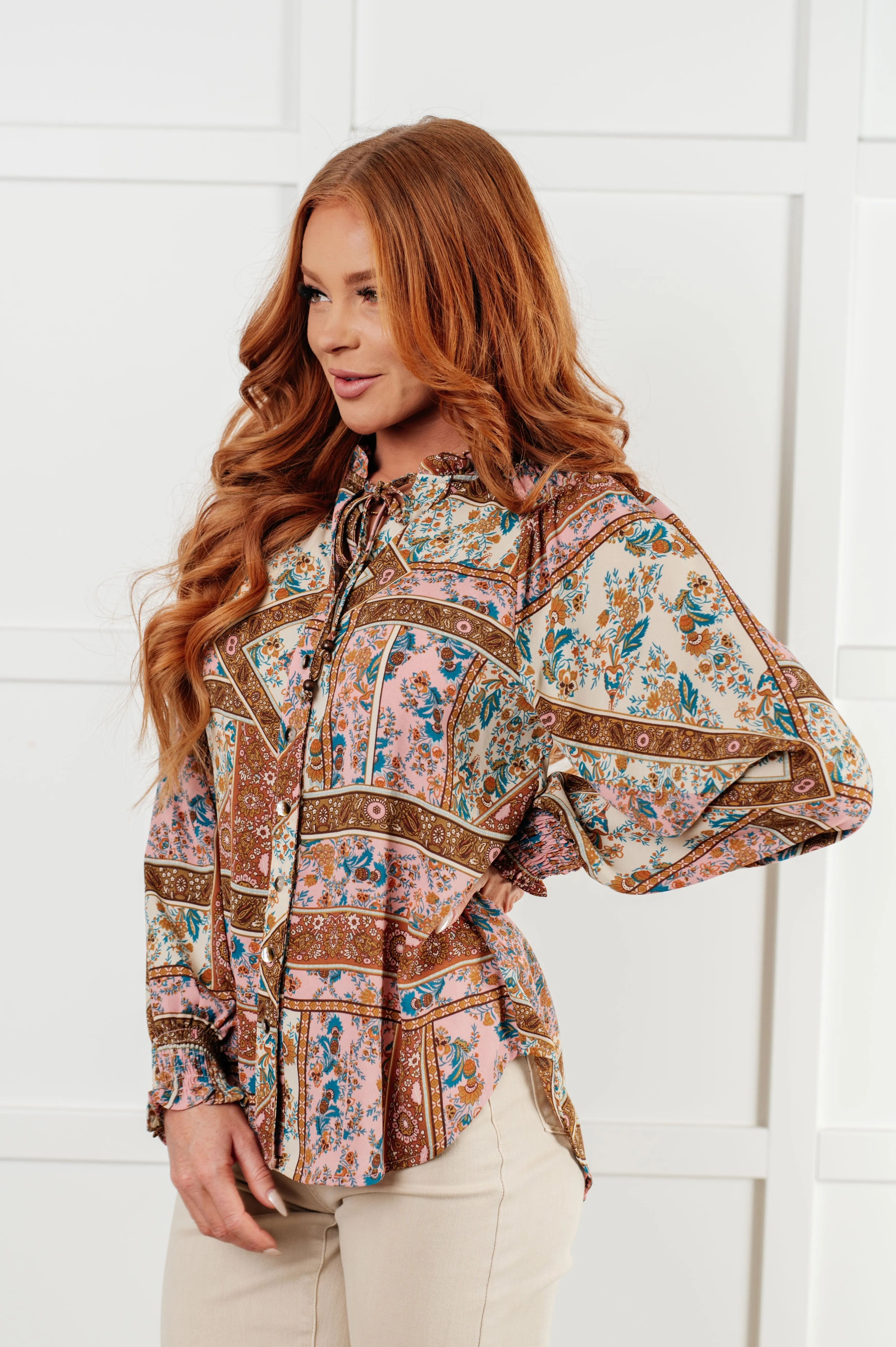 Hazel Blues® |  Show and Tell Mixed Print Peasant Blouse