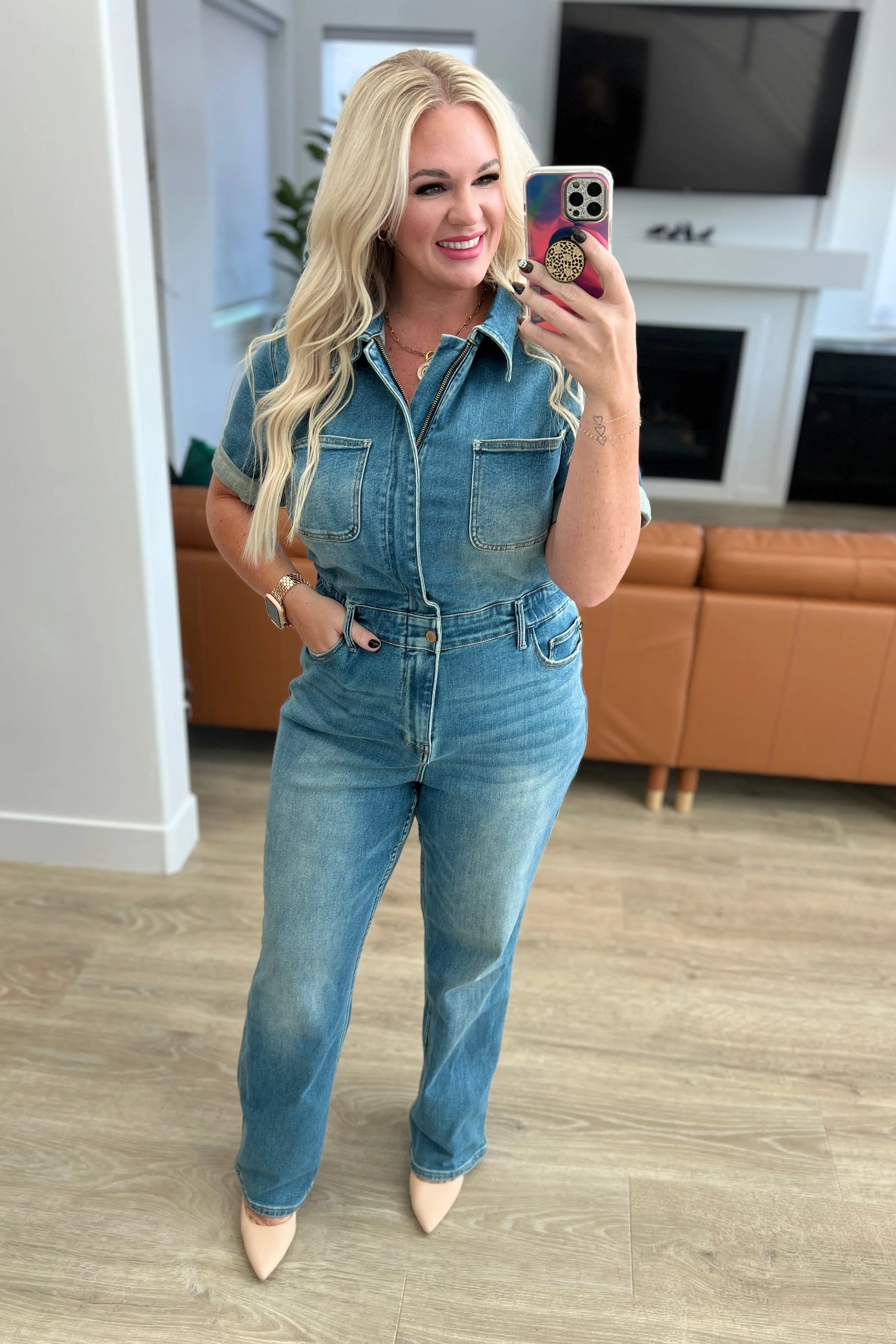 Hazel Blues® |  Sylvia Short Sleeve Denim Jumpsuit