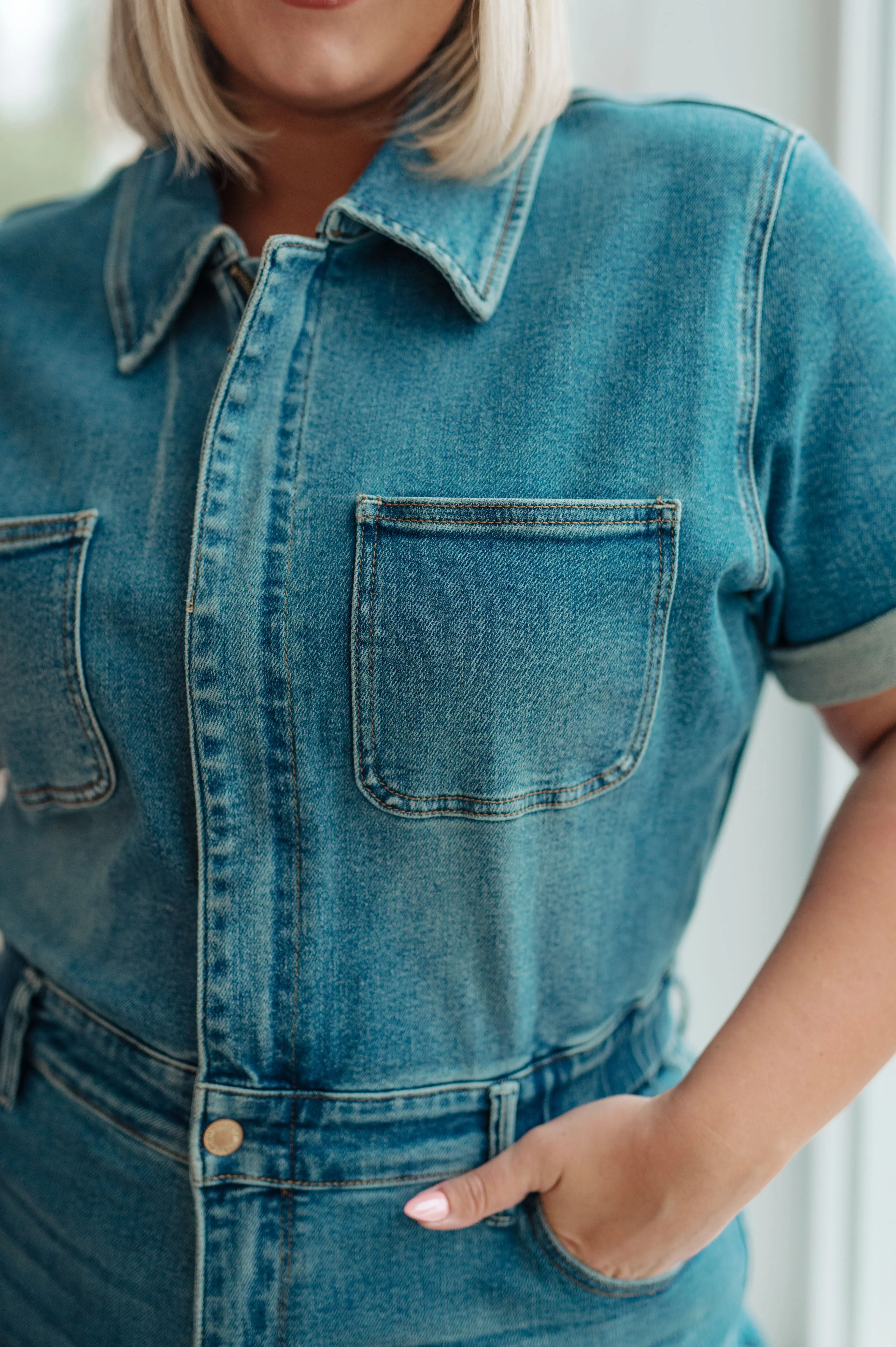 Hazel Blues® |  Sylvia Short Sleeve Denim Jumpsuit